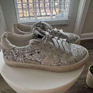 Golden Goose Grey/Silver Suede And Glitter Fabric Superstar Lace Up Sneakers